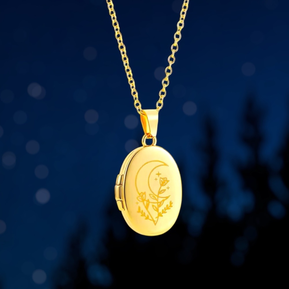 Moon & Stars Locket Pendant Womens Necklace Gold Jewelry Celestial Gifts Womens